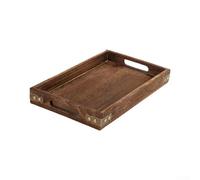 Bandeja de madera hecha a mano con protección de esquina de hierro y asas recortadas, bandeja decorativa de mesa de café para sala de estar, cocina, dormitorio (grande)