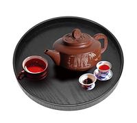 Bandeja de madera para servir, bandeja de desayuno redonda negra bandeja antideslizante para servir alimentos para pan pastel pizza té fruta vajilla para el hogar (24cm)