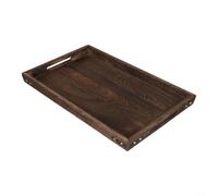 Bandeja de madera para servir con asa, placa de café, protección de esquinas de hierro, bandeja decorativa rectangular de madera para desayuno, mesa de café, hogar, otomana o comedor (36 x 23,5 x 4 cm
