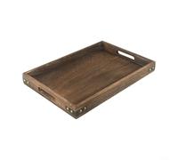 Bandeja de madera para servir con detalles de esquina de hierro, bandeja decorativa rectangular con asas para otomana, mesa de café y cocina (mediana)