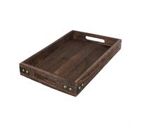 Bandeja de madera rústica para servir, con protección de esquina de hierro, rectangular, para té, café, cocina, mesa de comedor, organizador (S, 32 x 20 x 4 cm)