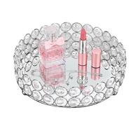 Bandeja de Maquillaje Cosmético de Cristal Recipiente de Exhibición Redondo 8 Pulgadas Estructura Soldada con Espejo Bandeja de Baratija Comida Pefume Joyería Organizador Placa(Plata)