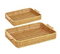 Bandeja de Mimbre Rectangular de 2 Piezas con asa, Cesta Plana Tejida de plástico para decoración de Mesa de Comedor y café, Pan, Fruta, Aperitivos de ratán