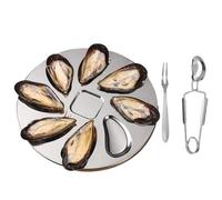 Bandeja de ostras, bandejas para servir de metal,Bandeja de mariscos de acero inoxidable - Bandeja de 8 ranuras en forma de concha de ostra con tenedor y pinza para mariscos,