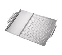 Bandeja de parrilla para asar al aire libre, decoración de parrilla al aire libre, sartén antiadherente 2 en 1 de acero inoxidable con asa, cesta grande para verduras, pescado, carne y más