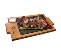 Bandeja de Pizarra de 20x30 con Base de Madera en Color Roble con un Salsero para presentación de Carnes