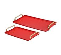 Bandeja de plástico for servir con asa dorada, 2 piezas, 16,1" x 8,7"/12,2" x 7,9", bandeja decorativa rectangular moderna, bandeja reutilizable for joyas for encimera, baño, cocina, color(Red)