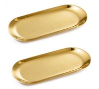 Bandeja de Plato Ovalada Bandeja Decorativa Bandeja de Almacenamiento de Acero Inoxidable Organizador para Joyas Cosméticos Vela Llaves Té Caramelos, Oro 2 Piezas