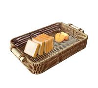 Bandeja de ratán tejida | Bandeja rectangular para servir | Cesta de almacenamiento decorativa | Organizador de mesa con asas, marco de hierro PP pequeño mediano 30-35 cm | Asa portátil para bebidas