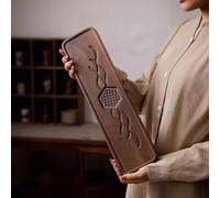 Bandeja de té, madera de nogal 43 x 11 x 2,6 cm con rejilla de drenaje, placa de aleación desmontable, acabado de bronce, para ceremonia de té de estilo chino, oficina, uso doméstico
