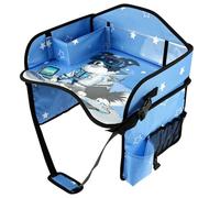 Bandeja de viaje para niños, bandeja de regazo de poliéster con borrador seco y soporte para vasos, 43,6 x 33 x 25 cm, correas de hombro ajustables, organizador de escritorio plegable para asiento de