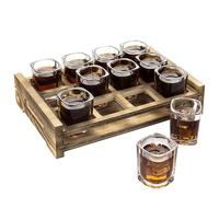 Bandeja De Vidrio De Disparo - Soporte De Licor De Madera | Rack Multicompartimentos Carbonizado De 10.5 Pulgadas Con Diseño De 12 Ranuras Y Asa De Transporte | Perfecto Para Bares, Y