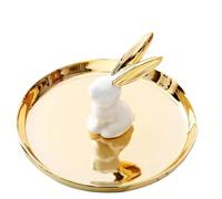 Bandeja Decorativa Bandeja de cerámica for guardar joyas, tocador, animal dorado(Rabbit 04)