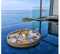 Bandeja flotante de desayuno de ratán tejido de lujo para piscina, spa y hotel, bandeja redonda para servir bebidas, té, café y comida, perfecta para entretenimiento y decoración junto beige 60cm