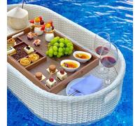 Bandeja flotante de ratán de madera de lujo, bandeja de desayuno retro resistente al agua para piscina y villa, ideal para hoteles y uso doméstico