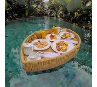 Bandeja flotante de ratán de madera de lujo para piscina y hotel, elegante bandeja para servir desayuno, ideal para fiestas de verano y relajación junto al agua
