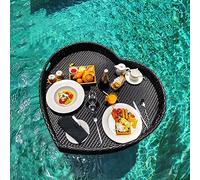 Bandeja flotante de ratán para desayuno, bandeja para servir en la piscina para alimentos y drin, soporte de ratán tejido para spas, bancos de arena y fiestas, ideal para desayunos acuáticos y
