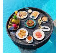 Bandeja flotante de ratán para desayuno, mesa de servir junto a la piscina, diseño impermeable y elegante, perfecta para comer al aire libre, color negro, extragrande, ideal para relajarse en verano