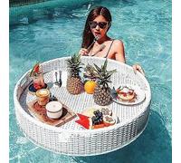 Bandeja flotante para piscina, mesa redonda para fiestas en la piscina, diseño tejido de ratán, ideal para desayuno, frutas y alimentos, perfecta para adultos y spas