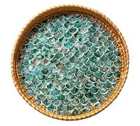 Bandeja grande de ratn de 35,5 cm con incrustaciones de ncar. Coleccin Coastal Boho. Bandeja artesanal con asas. Bandejas redondas tejidas par