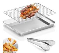 Bandeja Horno con Rejilla Enfriamiento & Pinzas Cocina, Bandejas Rectangulares Acero Inoxidable para Hornear Enfriar, Sartenes Fácil de Limpiar para Servir Galletas, Pizza (40,5 x 30,5 x 2,5cm)