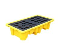 Bandeja modular de contención de derrames con desagüe, amarillo y negro, capacidad de 1/2 tambor (120 x 60 x 10 cm) - Plataforma robusta para el almacenamiento seguro de líquidos peligrosos