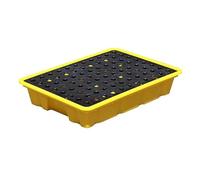 Bandeja modular de contención de derrames con desagüe, amarillo y negro, capacidad de 1/2 tambor (120 x 60 x 10 cm) - Plataforma robusta para el almacenamiento seguro de líquidos peligrosos