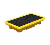 Bandeja modular de contención de derrames con desagüe, amarillo y negro, capacidad de 1/2 tambor (120 x 60 x 10 cm) - Plataforma robusta para el almacenamiento seguro de líquidos peligrosos