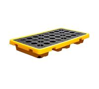 Bandeja modular de contención de derrames con desagüe, amarillo y negro, capacidad de 1/2 tambor (120 x 60 x 10 cm) - Plataforma robusta para el almacenamiento seguro de líquidos peligrosos