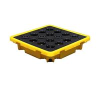 Bandeja modular de contención de derrames con desagüe, amarillo y negro, capacidad de 1/2 tambor (120 x 60 x 10 cm) - Plataforma robusta para el almacenamiento seguro de líquidos peligrosos