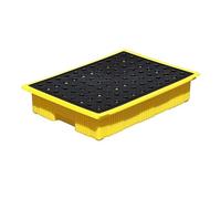 Bandeja modular de contención de derrames con desagüe, amarillo y negro, capacidad de 1/2 tambor (120 x 60 x 10 cm) - Plataforma robusta para el almacenamiento seguro de líquidos peligrosos