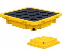 Bandeja modular de contención de derrames con salida de drenaje y rejilla para gestión de derrames de almacenes y parques industriales