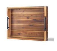 Bandeja otomana, bandeja para servir de madera de acacia con asas de metal, bandeja de 16.5 x 12.5 pulgadas para mesa de café, desayuno, cena y bar, bandeja de almacenamiento decorativa rústica para