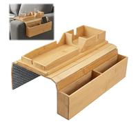 Bandeja para brazo de sofá, bandeja de mesa para brazo de sofá con bolsillos de almacenamiento y soporte para tazas, soporte antideslizante de gran capacidad, soporte plegable de bambú para sillón