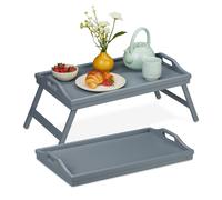 Relaxdays Gris en un Juego de 2 Set 2 Bandejas para Cama, Patas Plegables, Desayuno, Bambú y MDF, Decorativa, Borde Alto, 24x60x30 cm