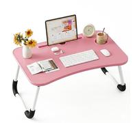 Bandeja para Cama Plegable: Mesa para Cama y Sofá con Portavasos, Mesa Cama Ordenador en Tablero MDF y Metal, 60x40x28 cm, Rosa