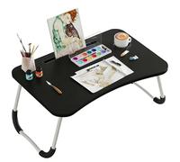 Bandeja para Cama Plegable: Mesa para Cama y Sofá con Portavasos, Mesa Cama Ordenador en Tablero MDF y Metal, 50x30x23 cm, Negro