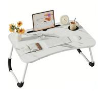 Bandeja para Cama Plegable: Mesa para Cama y Sofá con Portavasos, Mesa Cama Ordenador en Tablero MDF y Metal, 60x40x28 cm, Blanco Efecto Mármol