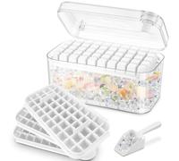 Bandeja para cubitos de hielo con 150 cubos de hielo, molde con tapas incluyendo tapa y recipiente, basta con pulsar para liberar el hielo, 3 niveles, 1 cubo de hielo y una pala (blanco)
