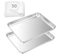 Bandeja para horno, HaWare Bandeja de horno Set de 2 con 50 hojas de papel de horno, Bandeja de grasa de acero inoxidable para horno 40 x 30 x 2,5 cm, Bandeja rectangular para horno/molde para tartas
