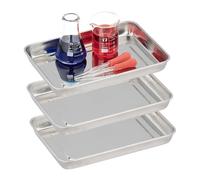Relaxdays Set de 3 Bandejas para Instrumentos, 2,5 x 21,5 x 15 cm, Tabletas de Laboratorio de Acero Inoxidable, Plateado