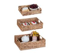 Relaxdays Juego Pack 3 Bandejas para Servir, Cestas de Jacinto de Agua, 3 Tamaños, Asas, Diseño Tejido, Rectangulares, Natural, Acero, 12 x 40 x 30 cm