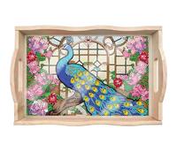 Bandeja para servir DIY Diamond Painting, bandeja de desayuno con asas, bandeja de madera de cristal para pintura de diamantes, bandeja de madera, rectangular (04 pavo real)
