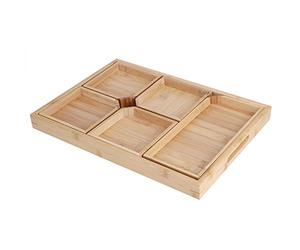 Bandeja para servir, plato de almacenamiento multifunción con asa, color natural, 40 x 28 x 3,5 cm, incluye 5 bandejas pequeñas de frutas, para cocina, comedor, oficina, hogar