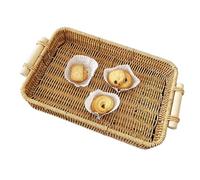 Bandeja rectangular de ratán, bandeja tejida a mano, bandeja de ratán tejida a mano con asa, bandeja decorativa para alimentos, bandeja de mesa de café para decoración del hogar