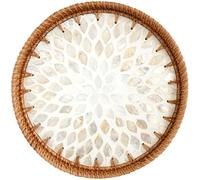 Bandeja redonda de mimbre, 12 bandejas de mimbre rústicas, decorativas para almacenamiento y exhibición, mesa de centro con incrustaciones de nácar, para café, pan, comida, fruta, bandeja redonda