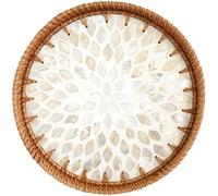 Bandeja Redonda de Mimbre, 12 bandejas de Mimbre rústicas para Servir, Decorativas para Almacenamiento y exhibición, Mesa de Centro con Incrustaciones de nácar, para Servir café, Pan, Comida, FRU.