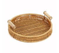 Bandeja Redonda de Ratán con Asas - Bandeja Decorativa y Organizadora Multiuso para Frutas Pan Café Té Postres Aperitivos Velas Desayuno (22cm)