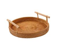Bandeja Redonda de ratán Tejida a Mano con asa Madera. Hecha a for Servir café y Desayuno para Hogar(M)