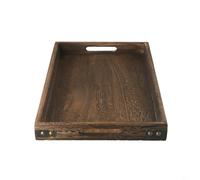 Bandeja rústica de madera para servir, con protección de esquina de metal y asas recortadas, bandeja decorativa de mesa de café otomana, para sala de estar, cocina, comedor, desayuno (mediano)